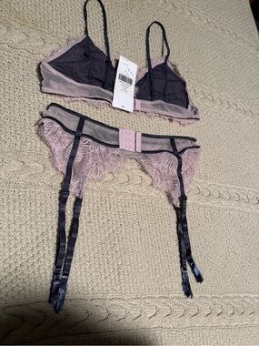 Sheer Lace Bralette, Briefs & Garter Set in Light Gray